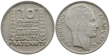 Франция 10 франков 1933 Пьер Тюрен KM 878, Le Franc 360.6 серебро 63-721