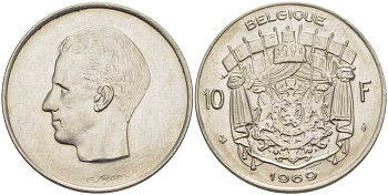 Бельгия 10 франков 1969 Belgique, Бодуэн I (1951-1993) KM 155.1 никель 38-641