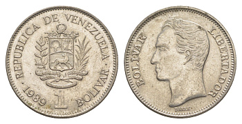 Венесуэла 1 боливар 1989 Симон Боливар, толстый шрифт Y 52a.2 сталь плакированная никелем 4586-1252