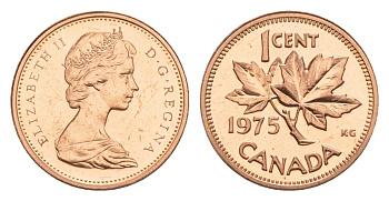 Канада 1 цент 1975 Елизавета II (1952-2022), кленовый лист KM 59.1 бронза PROOF-LIKE (BU) 4630-921