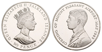 Фолклендские острова (Фолкленды) 50 пенсов 1985 Открытие аэропорта Маунт-Плезант, тираж 5.000 экземпляров KM 21a серебро PROOF 11-084-32