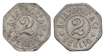 Берлин 2 пфеннига ND A. Jandorf and Co Men05 1849.2, Men18 2390.2 железо aUNC 4636-1237