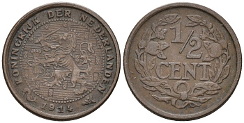 Нидерланды 1/2 цента 1914 Вильгельмина (1890-1948) KM 138 бронза 4576-355