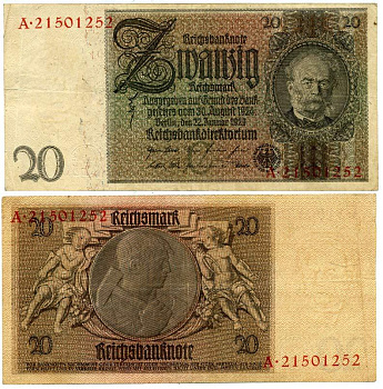 ГЕРМАНИЯ 20 РЕЙХСМАРОК 1929 Pick 181a бумага 3295-74-3