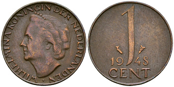 Нидерланды 1 цент 1948 Вильгельмина (1890-1948), год тип KM 175 бронза 4174-236