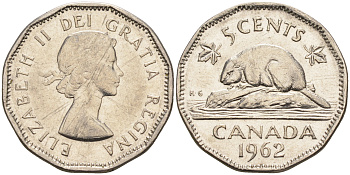 Канада 5 центов 1962 Елизавета II (1952-2022), бобер KM 50а никель 4148-1217