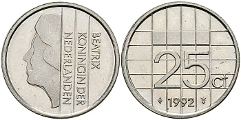 НИДЕРЛАНДЫ 25 ЦЕНТОВ 1992 БЕАТРИКС KM 204 никель 96-325