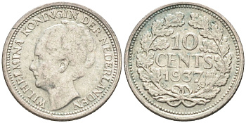 Нидерланды 10 центов 1937 Вильгельмина I (1890-1948) КМ 163 серебро 187-433