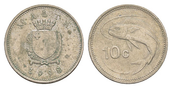 Мальта 10 центов 1998 золотая макрель KM 96 медно-никель 4632-865