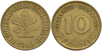 ФРГ 10 пфеннигов 1966 J J. 383, KM 108 сталь плакированная латунью    4603-327
