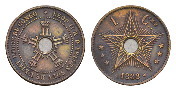 Бельгийское Конго 1 сантим 1888 Свободное государство Конго, Леопольд II (1865-1909) KM 1 медь 1518-1221