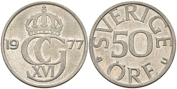 Швеция 50 эре 1977 U, Карл XVI Густав (1973- ) KM 855 медно-никель 73-1626