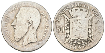 Бельгия 50 сантимов 1881 Леопольд II (1865-1909), DES BELGES, самый редкий год выпуска - тираж 200.000 KM 26 серебро 1527-112