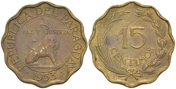 Парагвай 15 сентимо 1953 лев, фригийский колпак на шесте KM 26 алюминиевая бронза 57-1351