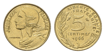 Франция 5 сантимов 1966 тип Marianne KM 933, Le Franc 125.2 алюминиевая бронза 4617-434