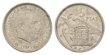 Испания 5 песет 1957 (73) Франсиско Франко (1939-1975) KM 786 медно-никель 4673-953