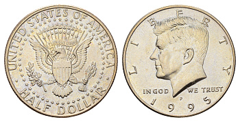 США 1/2 доллара (50 центов) 1995 P, Джон Кеннеди KM A202b медь плакированная медно-никелем UNC 4672-721