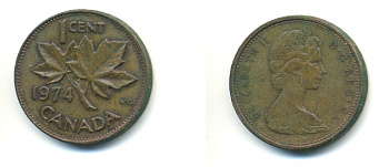 Канада 1 цент 1974 Елизавета II (1952-2022), кленовый лист KM 59.1 бронза 80-733