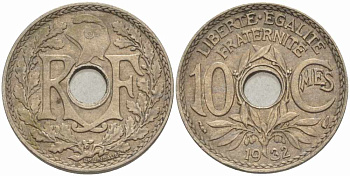 ФРАНЦИЯ 10 САНТИМОВ 1932 ТИП ЛИНДАЙЁ KM 866а, LE FRANC 138.19 медно-никель 108-216