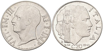 ИТАЛИЯ 20 ЧЕНТЕЗИМО 1941 R, ГОД XIX, ВИКТОР ЭММАНУИЛ III (1900-1946) KM 75b, VEM3. 1028 нержавеющая сталь 3853-813