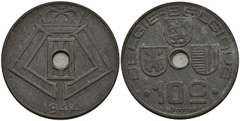 Бельгия 10 сантимов 1942 Belgie - Belgique KM 126 цинк 4187-942