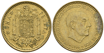 Испания 1 песета 1966 (75) Франциско Франко (1939-1975) КМ 796 алюминиевая бронза 259-357