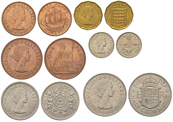 Великобритания годовой набор из 6 монет (1/2, 1, 3 и 6 пенса (пенни); 2 шиллинга (флорин); 1/2 кроны) 1967 Елизавета II (1952-2022) KM 896, 897, 900, 903, 906 и 907 UNC M65-15