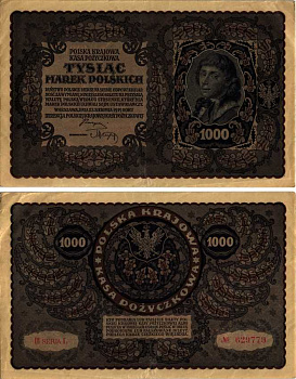 ПОЛЬША 1000 МАРОК 1919 23 АВГУСТА 1919, ТРЕТИЙ ВЫПУСК, ПОРТРЕТ КОСТЮШКО Pick 29 бумага XF 8607-39-1