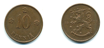 Финляндия 10 пенни 1919 KM 24 медь 37-156