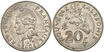 Французская Новая Каледония 20 франков 2004 три быка, (IEOM) KM 12, Schoen 14, Lec 115h никель 81-631