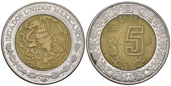 Мексика 5 песо 2002 M KM 605 биметалл 4591-235