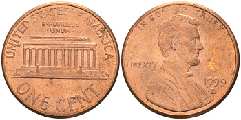 США 1 цент 1999 D, Авраам Линкольн KM 201b цинк плакированный медью UNC 187-1166