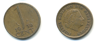 НИДЕРЛАНДЫ 1 ЦЕНТ 1959 ЮЛИАНА KM 180 бронза 83-927