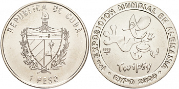 Куба 1 песо 1998 серия история мировых выставок, Ганновер 2000, ТВИПСИ KM 101 никелированная сталь UNC M27-14