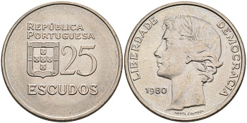 Португалия 25 эскудо 1980 первый год KM 607а медно-никель 4572-1121