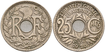 Франция 25 сантимов 1920 тип Lindauer KM 867а, Le Franc 171.4 медно-никель 4126-632