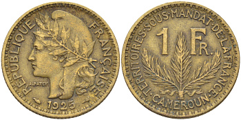 Французский Камерун 1 франк 1925 (а), монетный двор Париж KM 2 алюминиевая бронза 34-1032