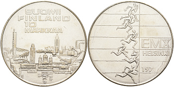 Финляндия 10 марок 1971 S-H, X Чемпионат Европы по легкой атлетике KM 52 серебро UNC 1523-632