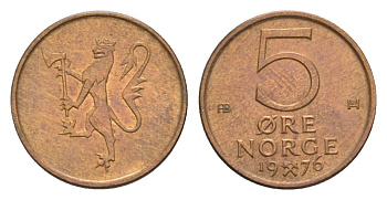 Норвегия 5 эре 1976 Улаф V (1957-1991) KM 415 бронза UNC 4632-1263