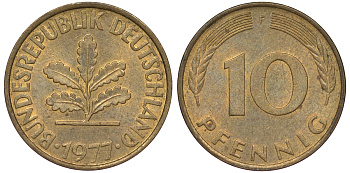 ФРГ 10 пфеннигов 1977 F KM 108, J.383 сталь плакированная латунью 25-1745