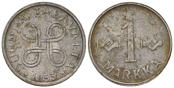 Финляндия 1 марка 1953 KM 36a сталь плакированная железом 4173-1069