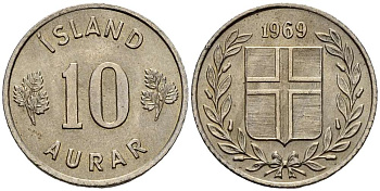 Исландия 10 эйре 1969 KM 10 медно-никель UNC 3955-1134