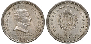 Уругвай 25 сентесимо 1960 KM 40 медно-никель 4169-849