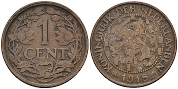 Нидерланды 1 цент 1918 Вильгельмина I (1891-1948) KM 152 бронза 4596-525