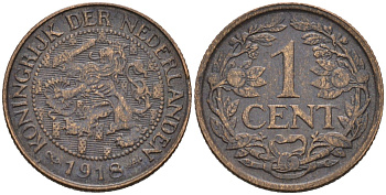 Нидерланды 1 цент 1918 Вильгельмина (1890-1948) KM 152 бронза 4576-725