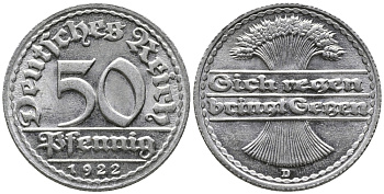 ГЕРМАНИЯ 50 ПФЕННИГОВ 1922 D KM 27, J. 301 алюминий 24-1113