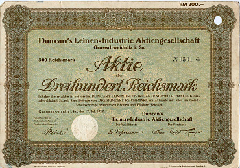 Германия 300 рейхсмарок 1929 АО Duncan's Leinen-Industrie, акция   бумага 8803-54-1