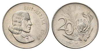 ЮАР 20 центов 1965 Ян ван Рибек (1619-1677), Suid Africa, легенда на африкаанс, цветок протея KM 69.2 никель 4693-651