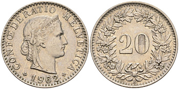 Швейцария 20 раппенов 1962 B KM 29a медно-никель 4606-756