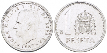 ИСПАНИЯ 1 ПЕСЕТА 1988 ХУАН КАРЛОС (1975-) KM 821 алюминий UNC 77-621